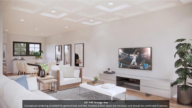 living room featuring light hardwood / wood-style flooring, beamed ceiling, and coffered ceiling