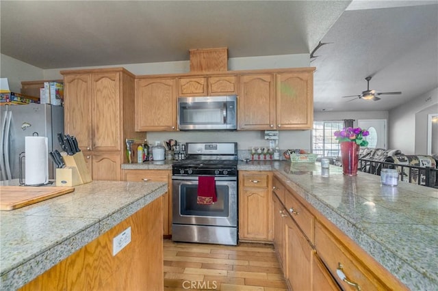 kitchen featuring ceiling fan, appliances with stainless steel finishes, and light hardwood / wood-style flooring