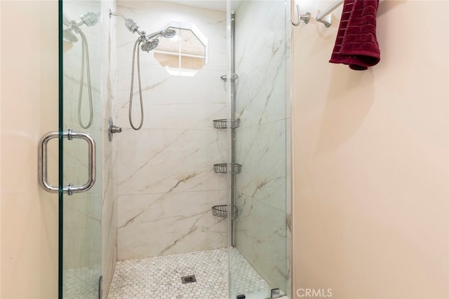 bathroom with a shower with shower door