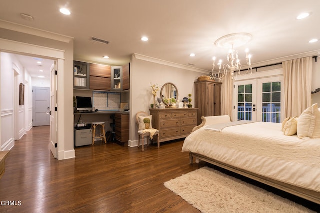 bedroom with access to outside, ornamental molding, french doors, a chandelier, and dark wood-type flooring