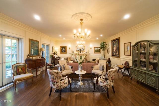 interior space featuring a notable chandelier, crown molding, and dark hardwood / wood-style flooring