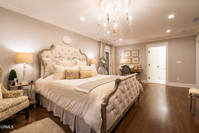 bedroom featuring a notable chandelier, ensuite bathroom, crown molding, and dark hardwood / wood-style flooring