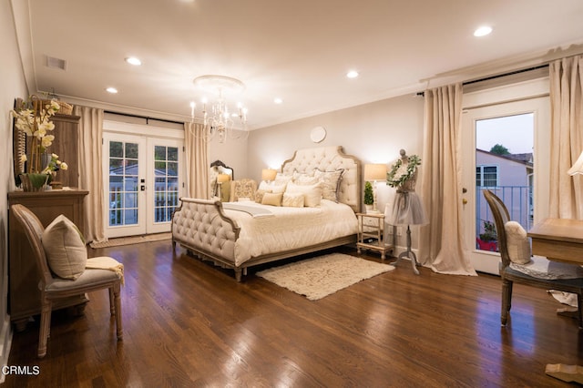 bedroom featuring dark wood-type flooring, an inviting chandelier, french doors, access to outside, and ornamental molding