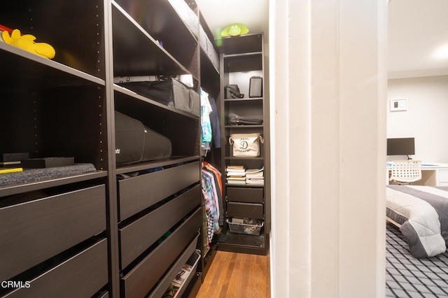 walk in closet with hardwood / wood-style floors