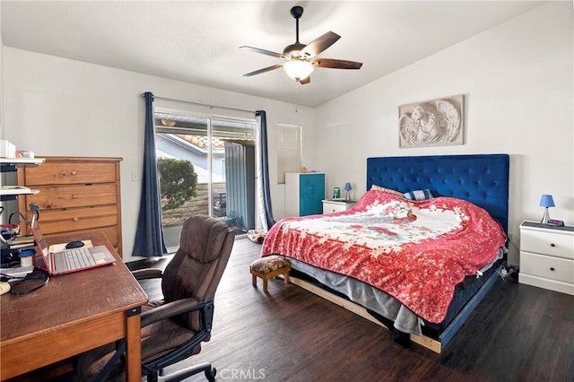 bedroom with access to outside, vaulted ceiling, dark hardwood / wood-style floors, and ceiling fan