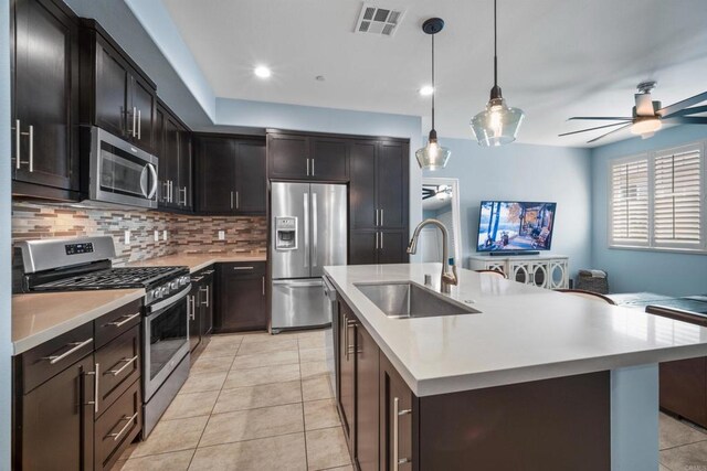 kitchen featuring appliances with stainless steel finishes, an island with sink, ceiling fan, decorative light fixtures, and sink