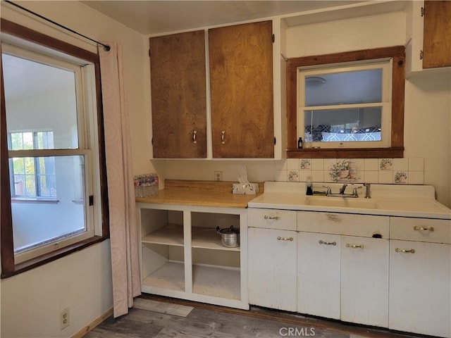 kitchen featuring backsplash, sink, and dark wood-type flooring