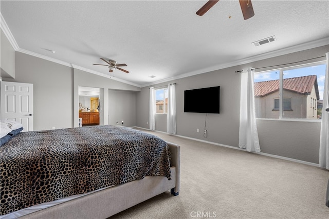 bedroom featuring ornamental molding, vaulted ceiling, a textured ceiling, and ensuite bathroom