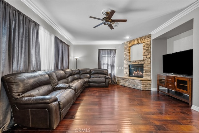 living room featuring ceiling fan, crown molding, and dark hardwood / wood-style flooring