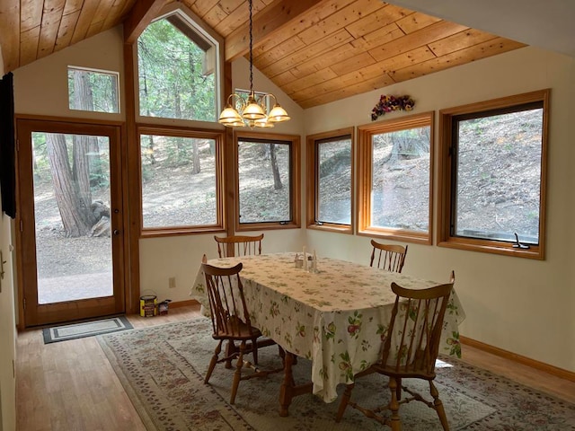 dining space with wood-type flooring, vaulted ceiling, and plenty of natural light