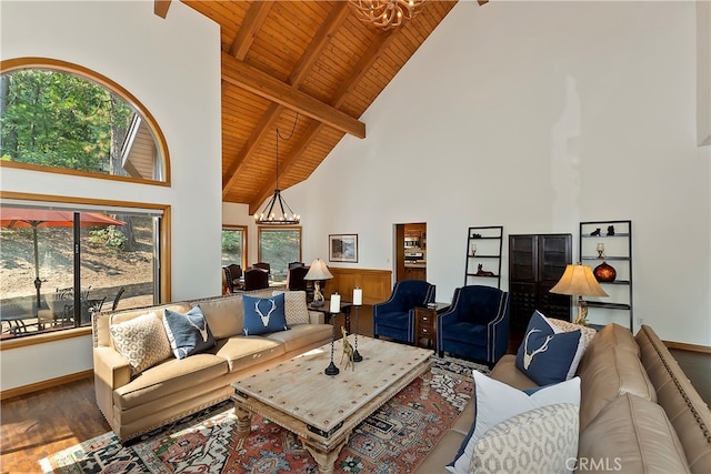 living room with high vaulted ceiling, wood-type flooring, a notable chandelier, and wood ceiling