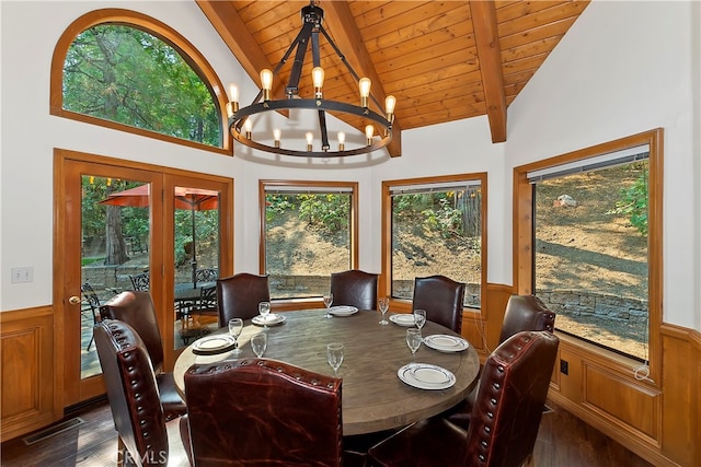 dining space with a notable chandelier, a wealth of natural light, beamed ceiling, and dark hardwood / wood-style flooring