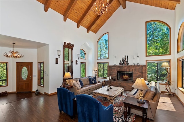 living room with high vaulted ceiling, a wealth of natural light, beam ceiling, and dark hardwood / wood-style floors