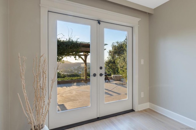 entryway featuring french doors and light wood-type flooring