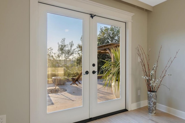 doorway to outside with french doors, light hardwood / wood-style flooring, and a healthy amount of sunlight