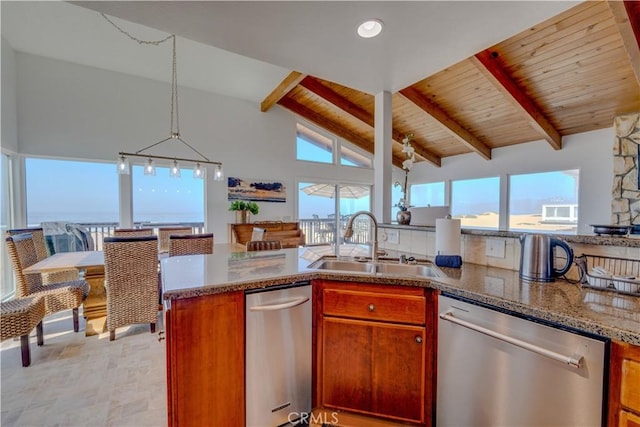 kitchen with sink, wood ceiling, dishwasher, beam ceiling, and decorative light fixtures