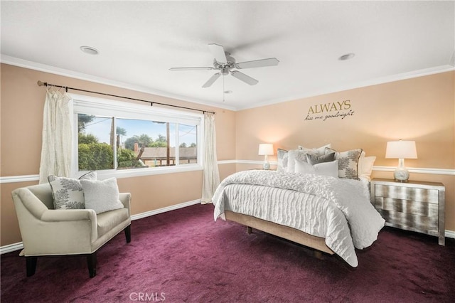 carpeted bedroom featuring ceiling fan and ornamental molding