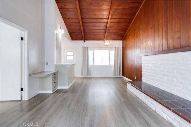 unfurnished living room with lofted ceiling with beams, light hardwood / wood-style floors, wooden ceiling, and wood walls