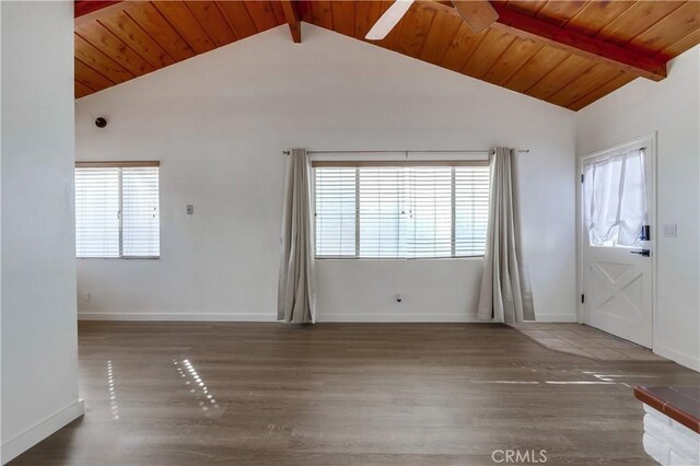 interior space featuring lofted ceiling with beams, a healthy amount of sunlight, hardwood / wood-style floors, and wood ceiling