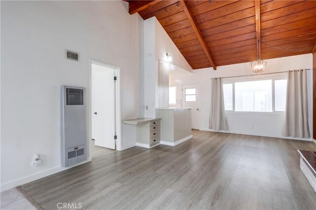 unfurnished living room with wood ceiling, hardwood / wood-style flooring, beam ceiling, high vaulted ceiling, and a chandelier