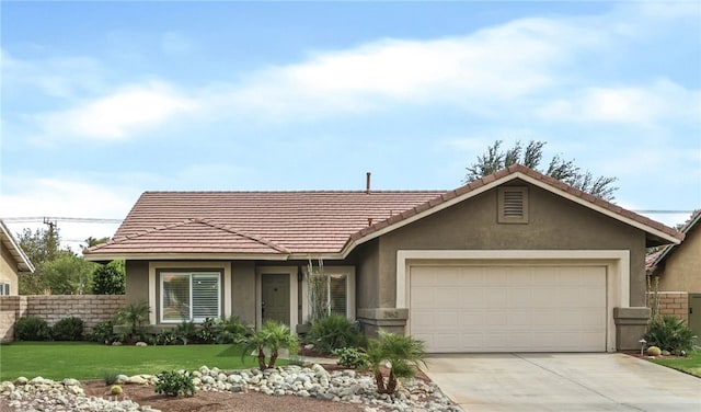 ranch-style home with fence, a front lawn, a garage, stucco siding, and driveway