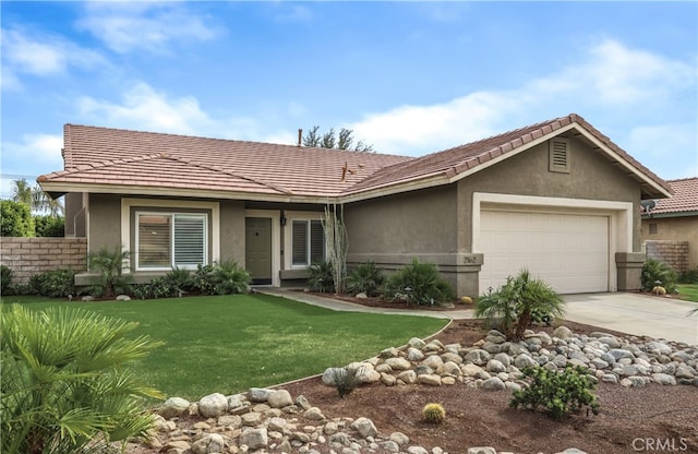 single story home with a front yard, stucco siding, a tiled roof, an attached garage, and driveway