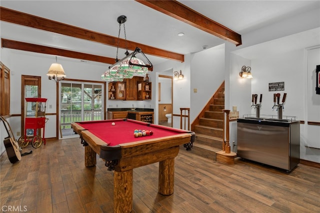 game room with beamed ceiling, indoor bar, dark hardwood / wood-style floors, and pool table