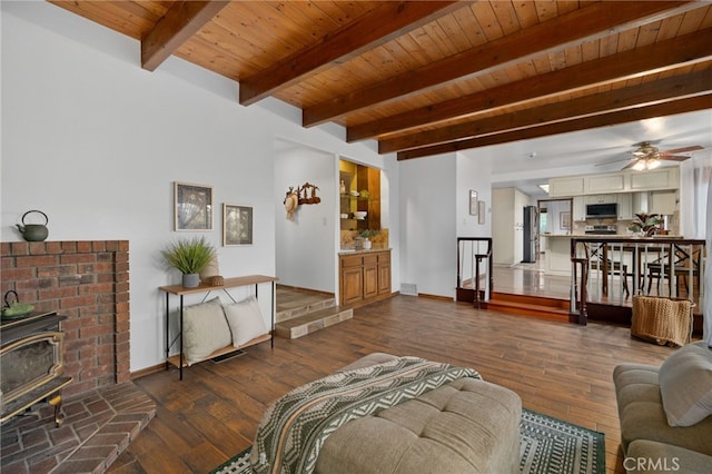 living room featuring beam ceiling, a wood stove, wooden ceiling, and dark hardwood / wood-style floors