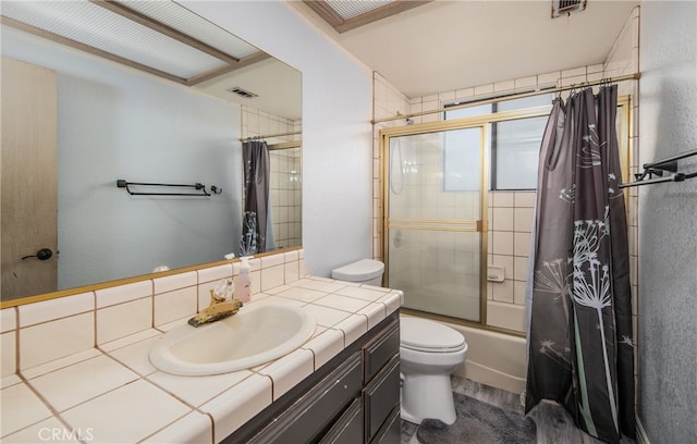 full bathroom with backsplash, vanity, toilet, and shower / bath combo with shower curtain