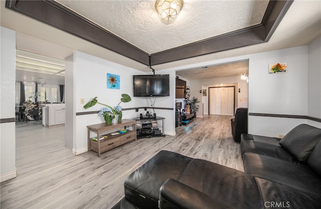 living room featuring a textured ceiling and light hardwood / wood-style flooring