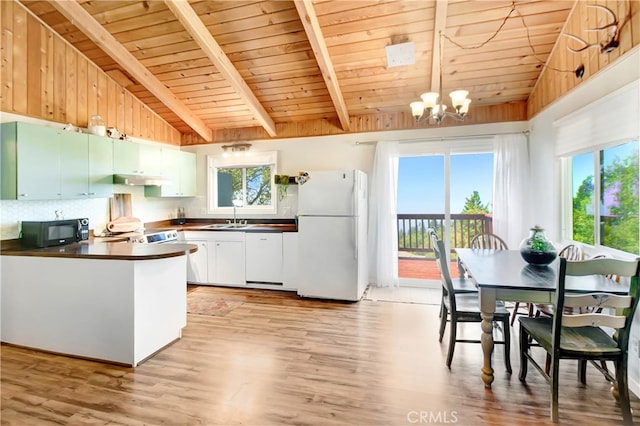 kitchen with light hardwood / wood-style floors, plenty of natural light, white cabinetry, and white fridge