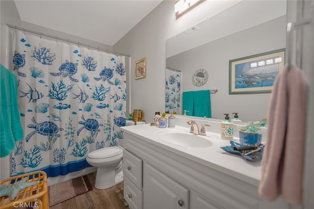 bathroom with hardwood / wood-style floors, a shower with curtain, vanity, and toilet