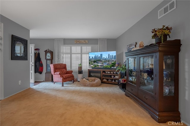 living area featuring light colored carpet