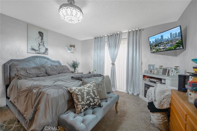 bedroom featuring a textured ceiling, vaulted ceiling, and carpet