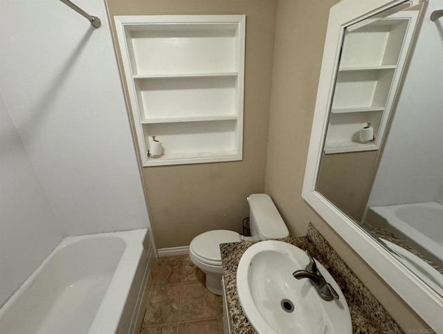 full bathroom with toilet, shower / washtub combination, vanity, and tile patterned floors