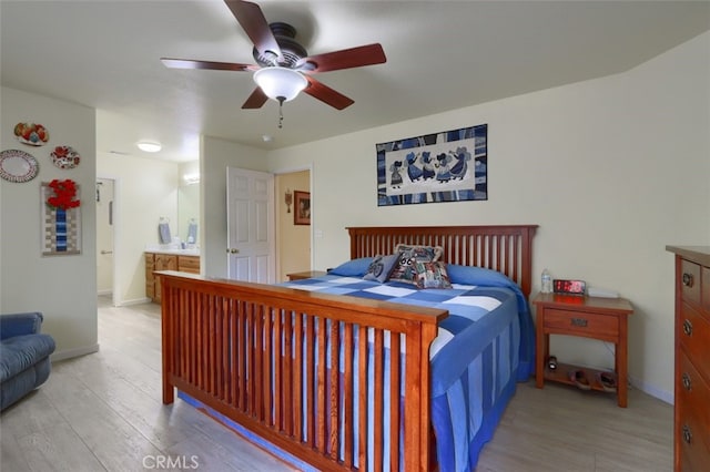 bedroom with light wood-type flooring and ceiling fan