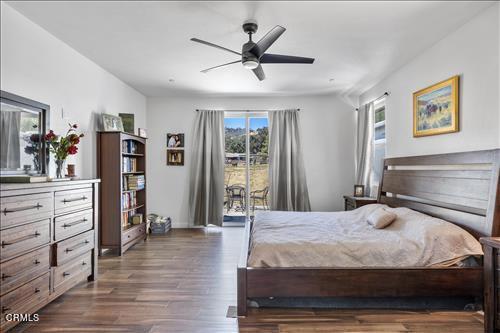 bedroom featuring ceiling fan, dark wood-type flooring, and access to exterior