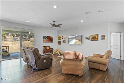 living room with ceiling fan and dark wood-type flooring