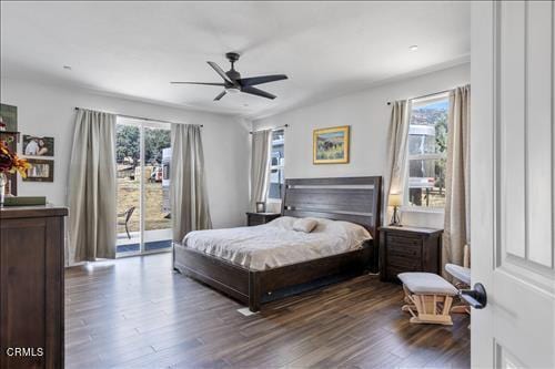 bedroom featuring ceiling fan, dark hardwood / wood-style flooring, and multiple windows