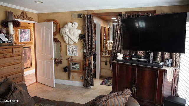 interior space with crown molding and light tile patterned floors