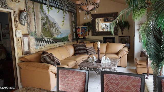 living room with tile patterned flooring and vaulted ceiling