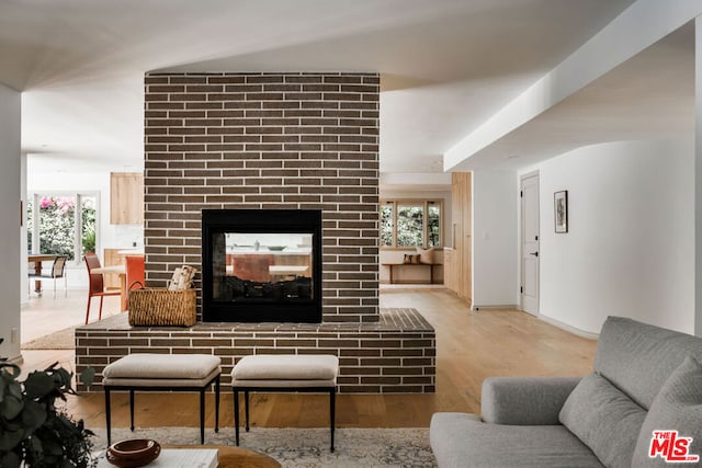 living room with light hardwood / wood-style floors and a fireplace