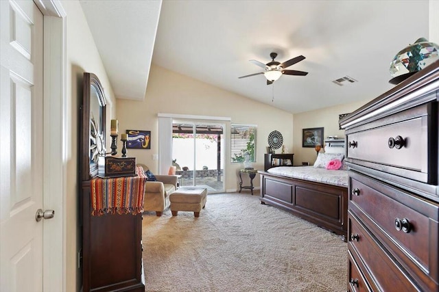 bedroom with access to outside, ceiling fan, light colored carpet, and vaulted ceiling