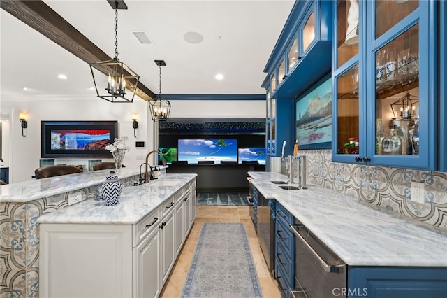 bar featuring blue cabinetry, white cabinets, light stone counters, and backsplash