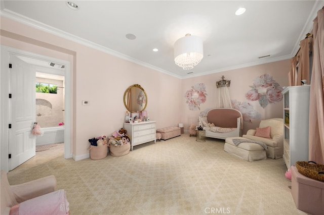 living area with ornamental molding, a chandelier, and light colored carpet