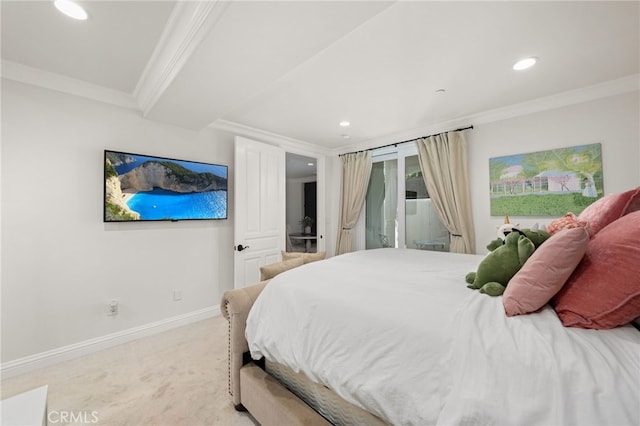 carpeted bedroom with ornamental molding