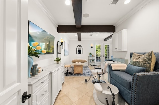 tiled living room with crown molding and beamed ceiling