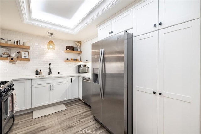 kitchen featuring backsplash, sink, light wood-type flooring, stainless steel appliances, and white cabinets