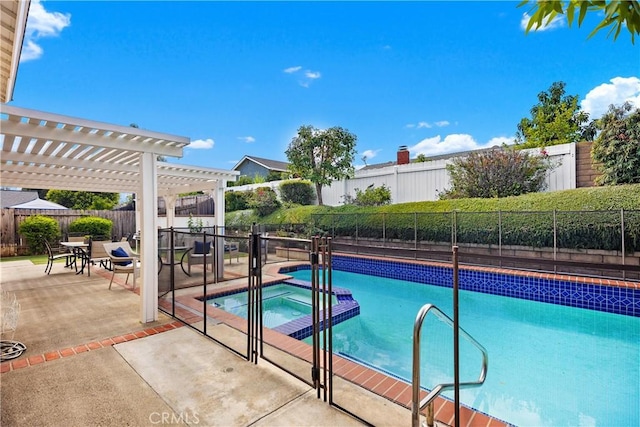 view of pool featuring a pergola, a patio area, and an in ground hot tub