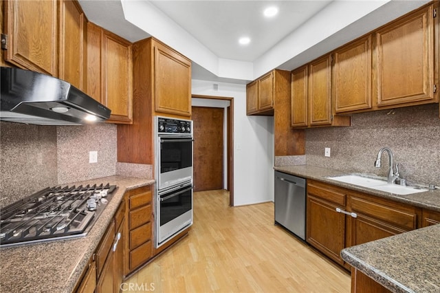 kitchen with appliances with stainless steel finishes, decorative backsplash, ventilation hood, light hardwood / wood-style flooring, and sink